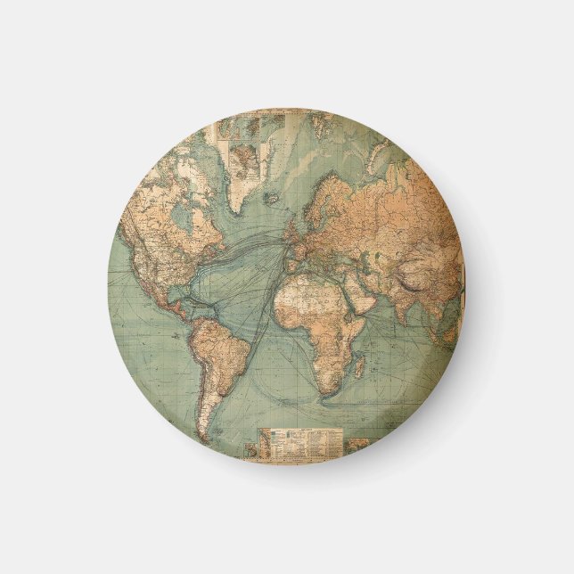 Íman Vintage Antigo Mapa Mundial Antiquado (Frente)