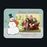 Íman Vintage Aqua Winter Snowman Foto de feriados feliz<br><div class="desc">O design de fotos da paisagem "Feliz Feriados" mostra uma cena de inverno nevado com flocos de neve caindo e um feliz boneco de neve vestido com um chapéu e cachecol. Personalize com sua foto e saudação personalizada. Design de cor azul/verde, laranja/vermelha e branca com marinho azul e acentos castanho....</div>