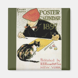 Íman Vintage Art Nouveau, Artista Pintura com Pet Cat