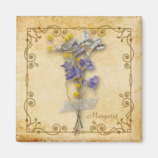 Íman Vintage Belo Beige Flowers Secos com Nome (Frente)