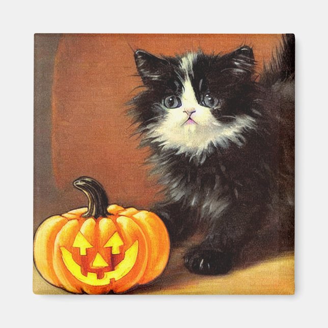 Íman Vintage Black and White Halloween Kitten (Frente)