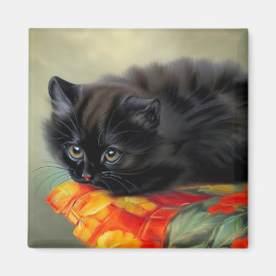 Íman Vintage Black Kitten com Red Flower Blanket