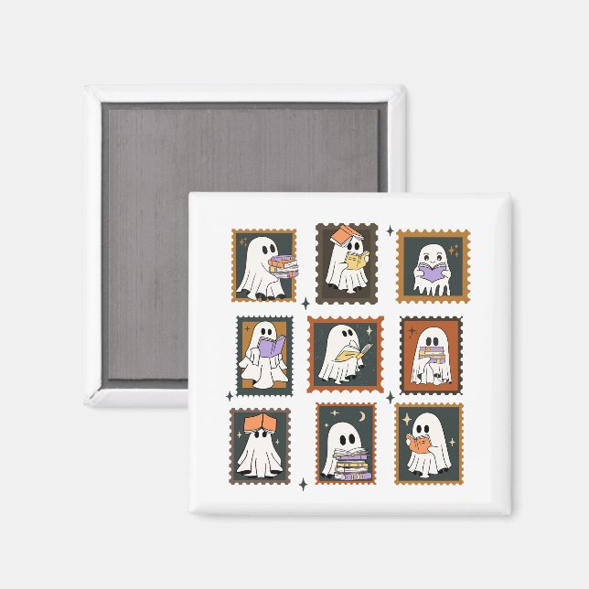 Íman Vintage Bookworm Ghosts Stamps Halloween (Front/Back)