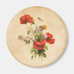 Íman Vintage Buquê Rustic Red Poppies Wild Flowers