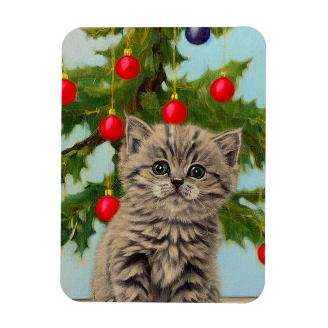 Íman Vintage Cat e Árvore de Natal (Vertical)