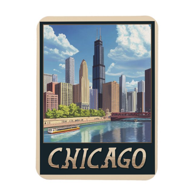 Íman Vintage Chicago City Skyline (Vertical)