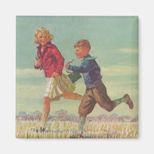 Íman Vintage Children Running to School Carregando Book