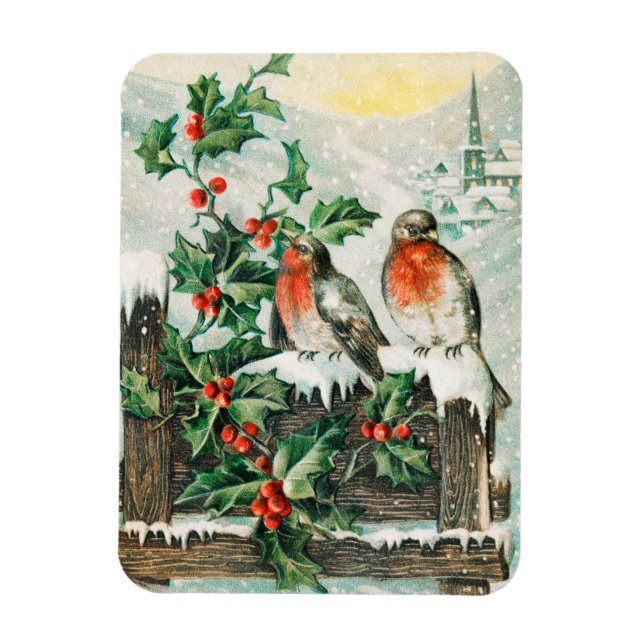Íman Vintage Christmas Card with Robins, Holly, Church (Vertical)