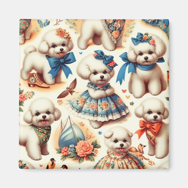 Íman Vintage Cute Bichon Frisé Painting (Frente)