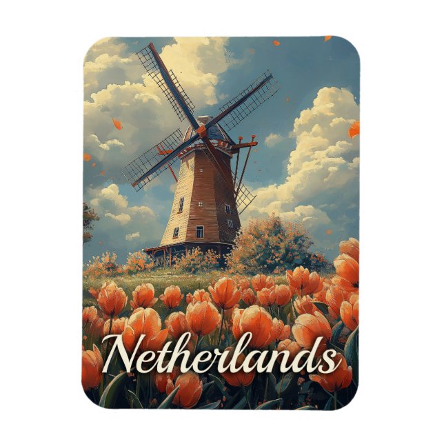 Íman Vintage Dutch Windmill : Tulipes e Charm (Vertical)