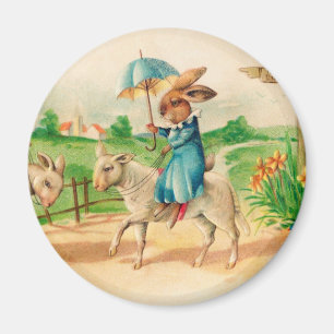 Íman Vintage Easter Bunny Rabbit Riding saudações