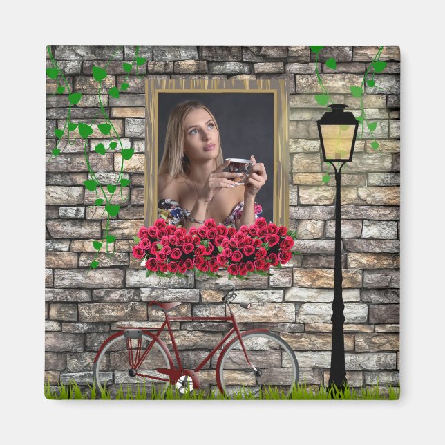 Íman Vintage Fairytale Bicycle Rosa Girly Photo Frame (Frente)