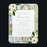 Íman Vintage Floral Map Love Viagens Data de Casamento<br><div class="desc">Carinhoso mapa de safras azul e verde com flores brancas e uma citação romântica de "viagem do Mundo" em uma imã de geladeira que funciona como tema de casamento de destino ou viagem, salve a data ou o favor do casamento, perfeito para um casal que viajou o mundo juntos para...</div>
