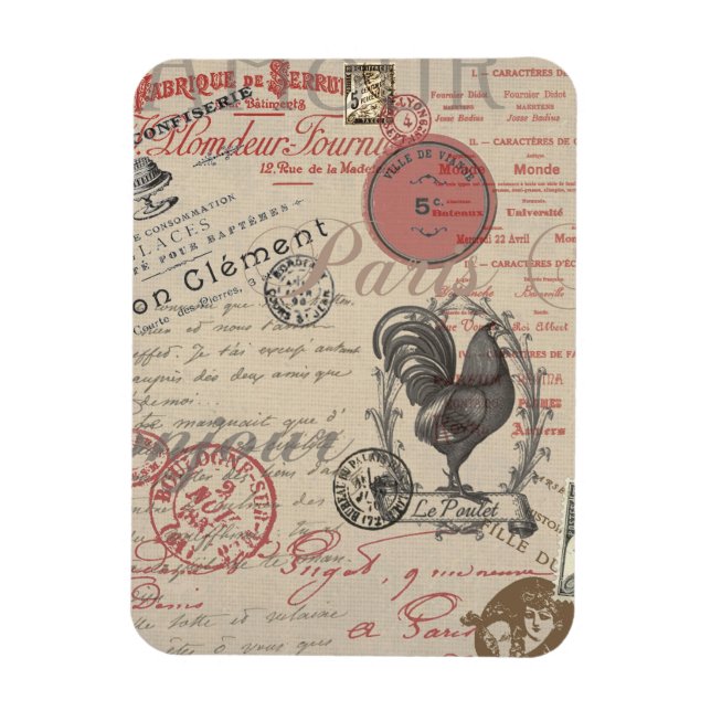 Íman Vintage French Escrevendo Tipografia Paris Rooster (Vertical)