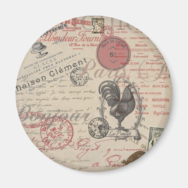 Íman Vintage French Escrevendo Tipografia Paris Rooster (Frente)