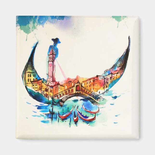 Íman Vintage Gondola Venice City Viagem Love Watercolor (Frente)