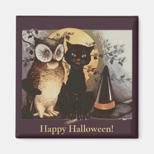 Íman Vintage Halloween Black Cat & Owl Witl Hat Moon