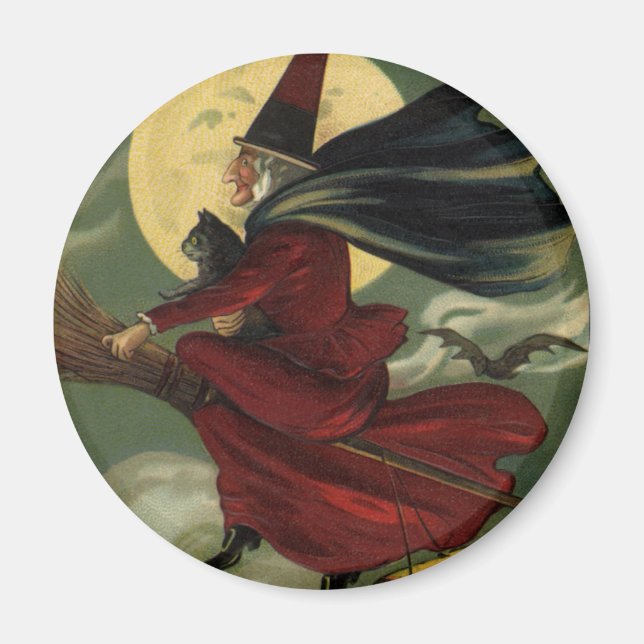 Íman Vintage Halloween Bruxa Andando Broomstick com Cat (Frente)