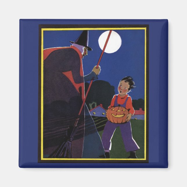 Íman Vintage Halloween, bruxa assustadora com menino (Frente)