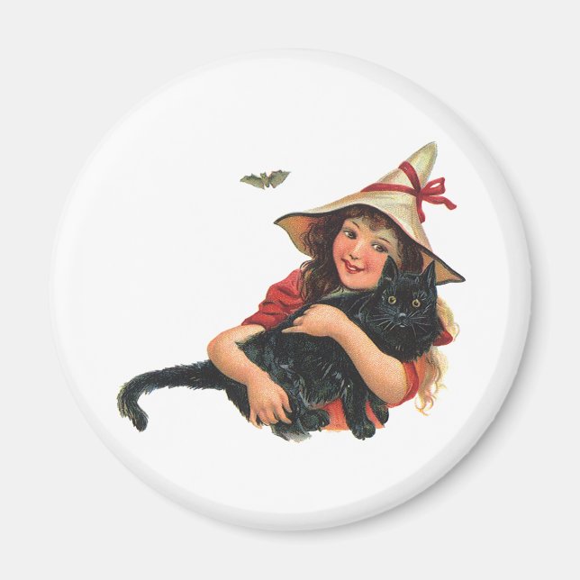 Íman Vintage Halloween, Bruxa Menina com Gato Negro (Frente)