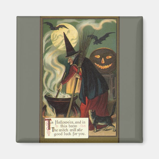 Íman Vintage Halloween Bruxa Stirring Magic Cauldron (Frente)