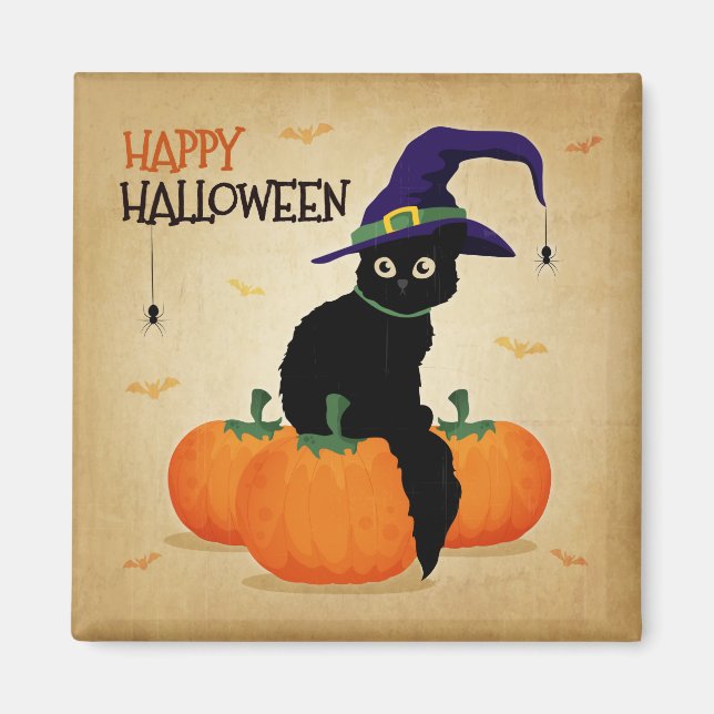 Íman Vintage Halloween Cat e Pumpkins | Magnet (Frente)