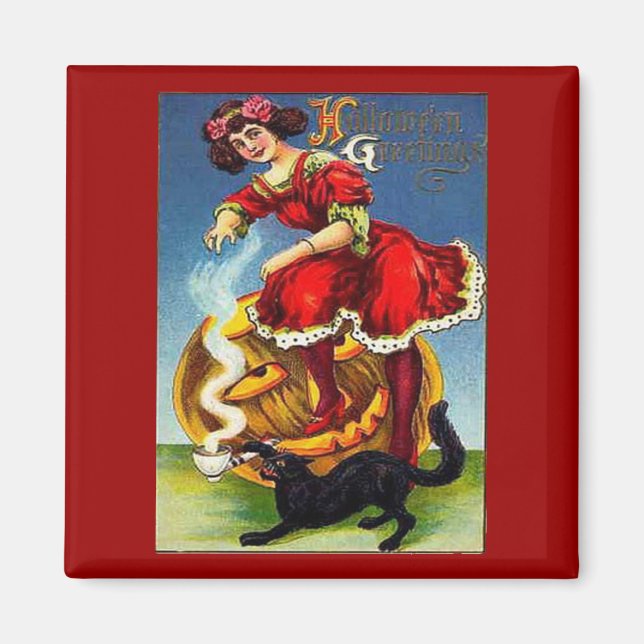 Íman Vintage Halloween Lady em Vermelho (Frente)