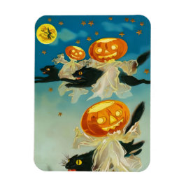Íman Vintage Halloween Pumpkin Fantasmas e Gatos Negros