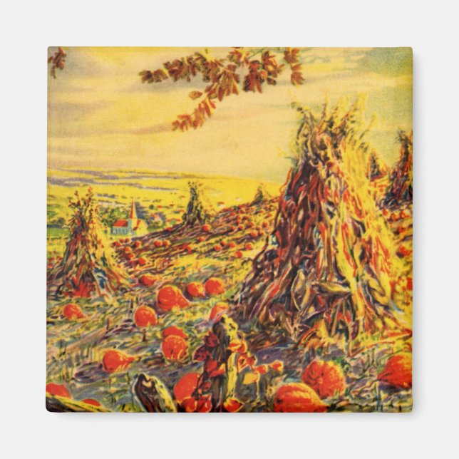 Íman Vintage Halloween Pumpkin Patch com Haystacks (Frente)