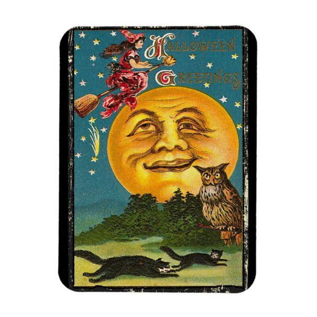 Íman Vintage Halloween Saudações Bruxa Voando à Vassour (Vertical)