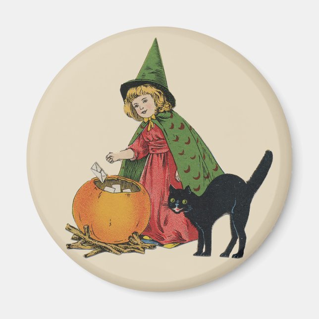 Íman Vintage Halloween Witch and Cat, Ellen Clapsaddle (Frente)