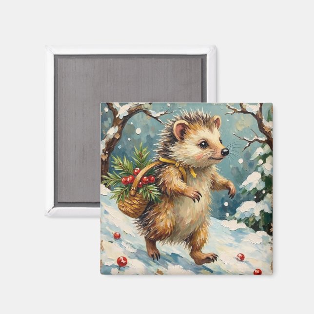 Íman Vintage Hedgehog with Christmas Berry Basket (Front/Back)
