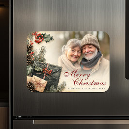 Íman Vintage Holly Berries Beige Foto de Natal