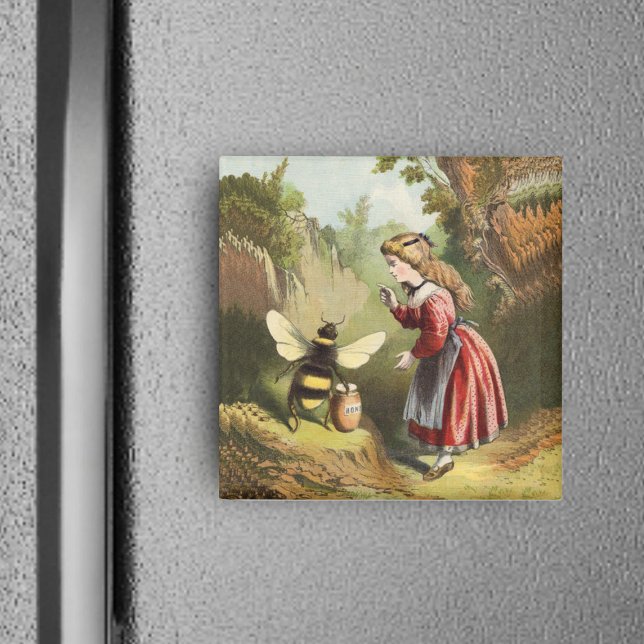 Íman Vintage Honey Bee With Girl Magnet (Victorian little girl in woods with bee guarding honey pot on square magnet.)