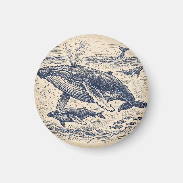 Íman Vintage Humpback Whale Pod Engraving (Frente)