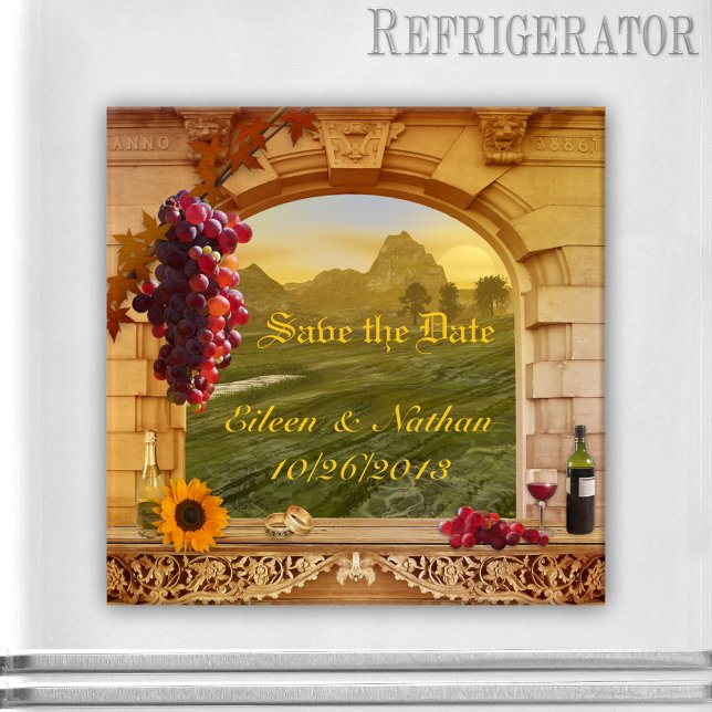Íman Vintage, Imã salve a data do Vineyard italiano (Save the Date magnet featuring a fall winery or vineyard with Roman arch, grapes, wine and sunflower)