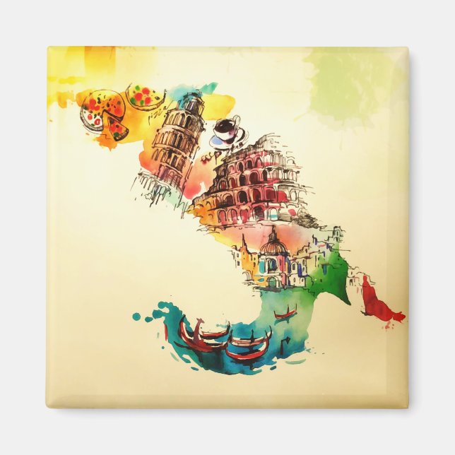 Íman Vintage Itália Map City Viagem Love Watercolor (Frente)