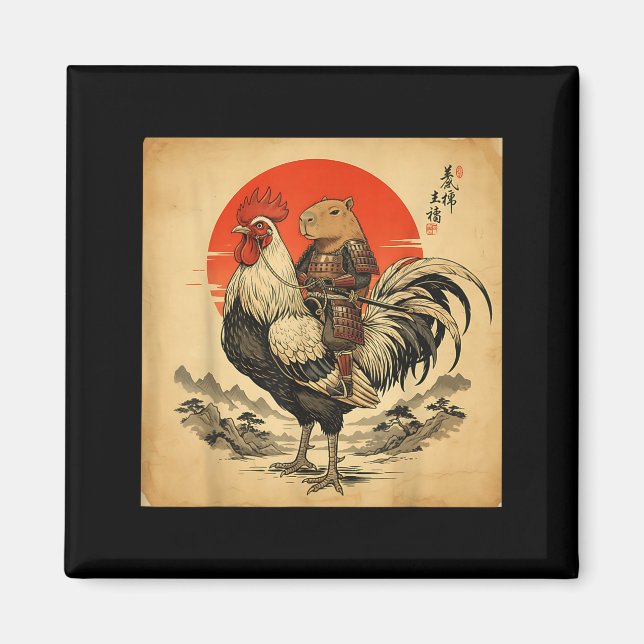 Íman Vintage Japanese Samurai Capybara Rooster Chicken  (Frente)