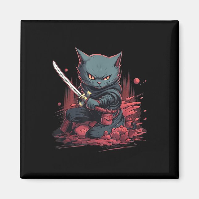Íman Vintage Japonês Samurai Ninja Cat Tattoo Kawaii (Frente)