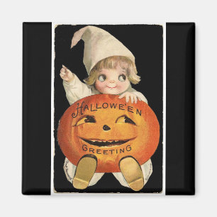 Íman Vintage Little Girl com Big Halloween Pumpkin