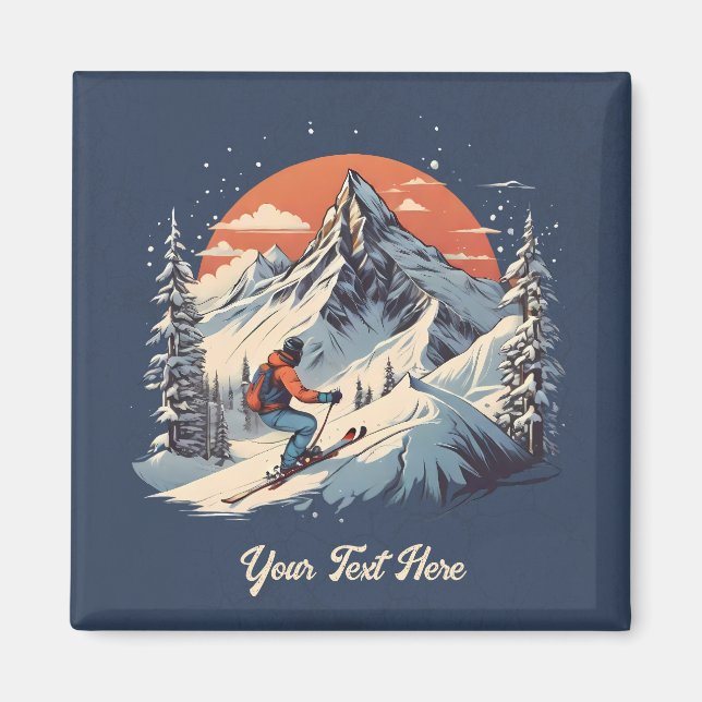 Íman Vintage Mountain Pine Skiing Laranja Sunset (Frente)