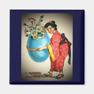 Íman Vintage - Mulher Japonesa, Vaso de Ovo com Flores,