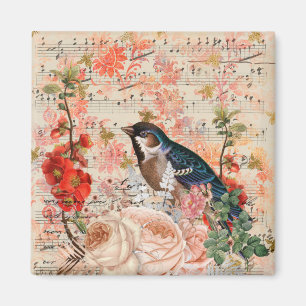 Íman Vintage Orange Floral Bird Musical Ephemera