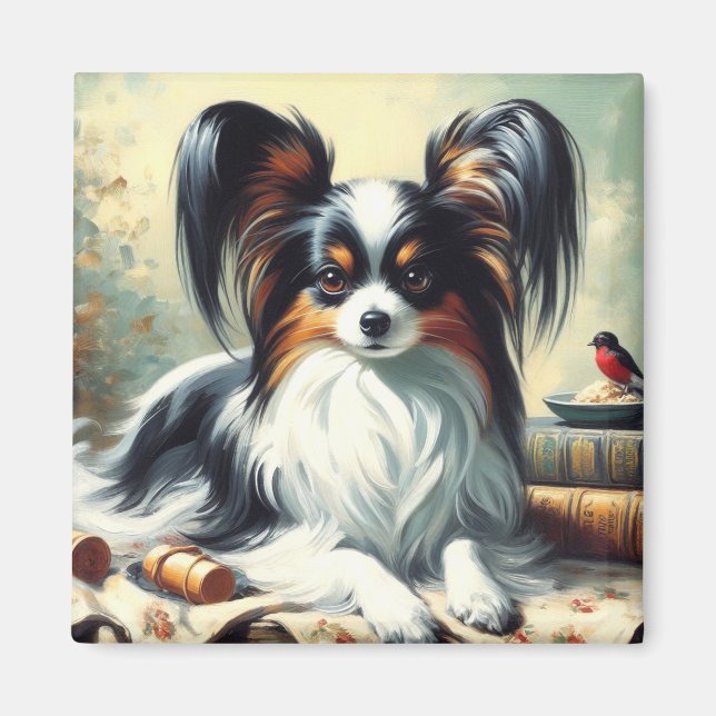 Íman Vintage Papillon Dog Painting (Frente)