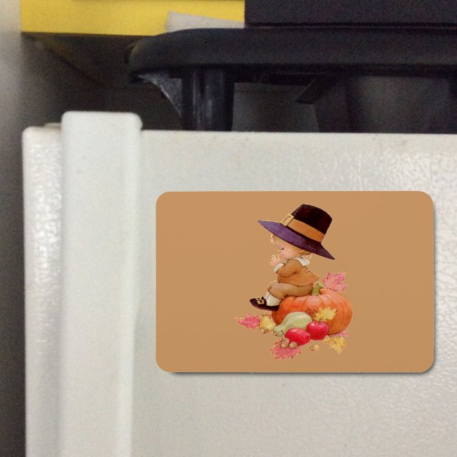 Íman Vintage Pilgrim Boy rezando em Pumpkin, ZSSG (Vintage Pilgrim Boy Praying on Pumpkin Flexible Magnet)