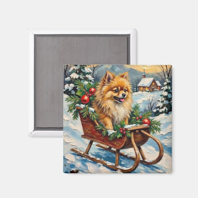 Íman Vintage Pomeranian in Wooden Christmas Sleigh (Front/Back)