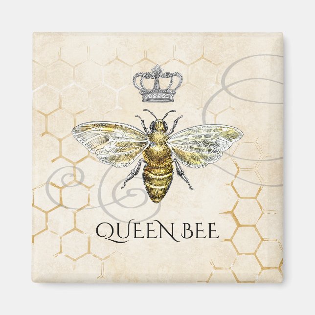 Íman Vintage Queen Bee Royal Crown Honeycomb Beige (Frente)