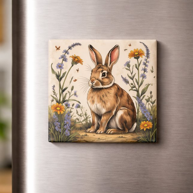 Íman Vintage Rabbit with Wildflowers (Criador carregado)