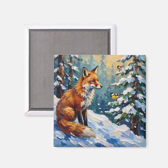 Íman Vintage Red Fox and Chickadees Christmas Painting (Front/Back)