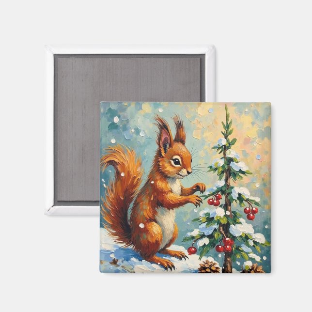 Íman Vintage Red Squirrel Pine Tree Christmas (Front/Back)